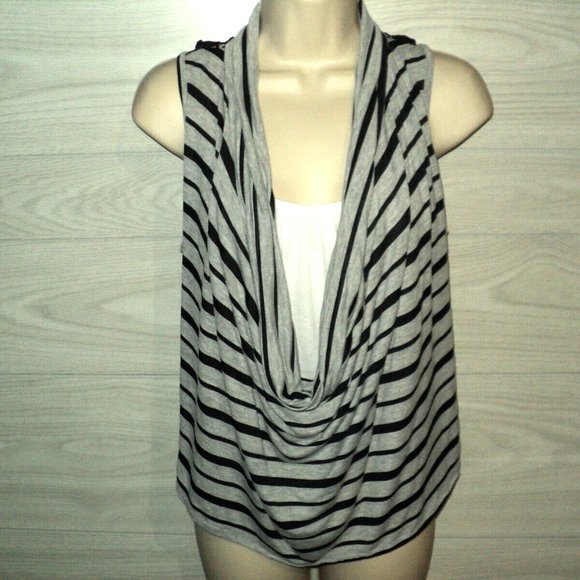 Bongo Top Women's Sz L Sleeveless Black & Gray Layered Look Draped Neck Stripes - Picture 1 of 4